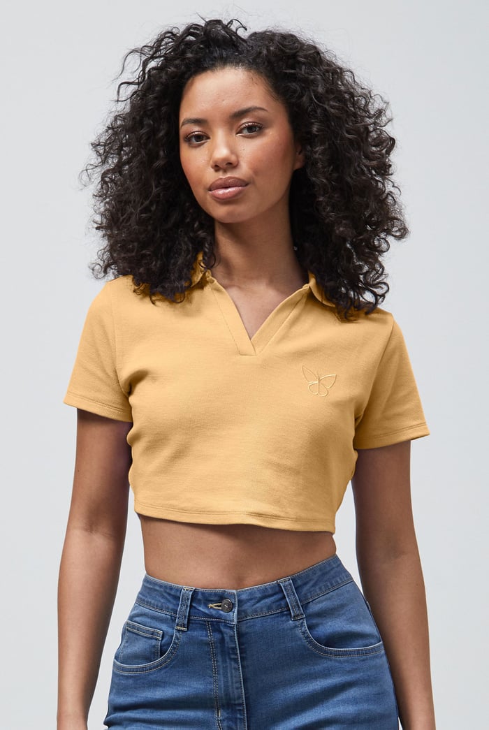 Waffle V-Neck Cropped Polo