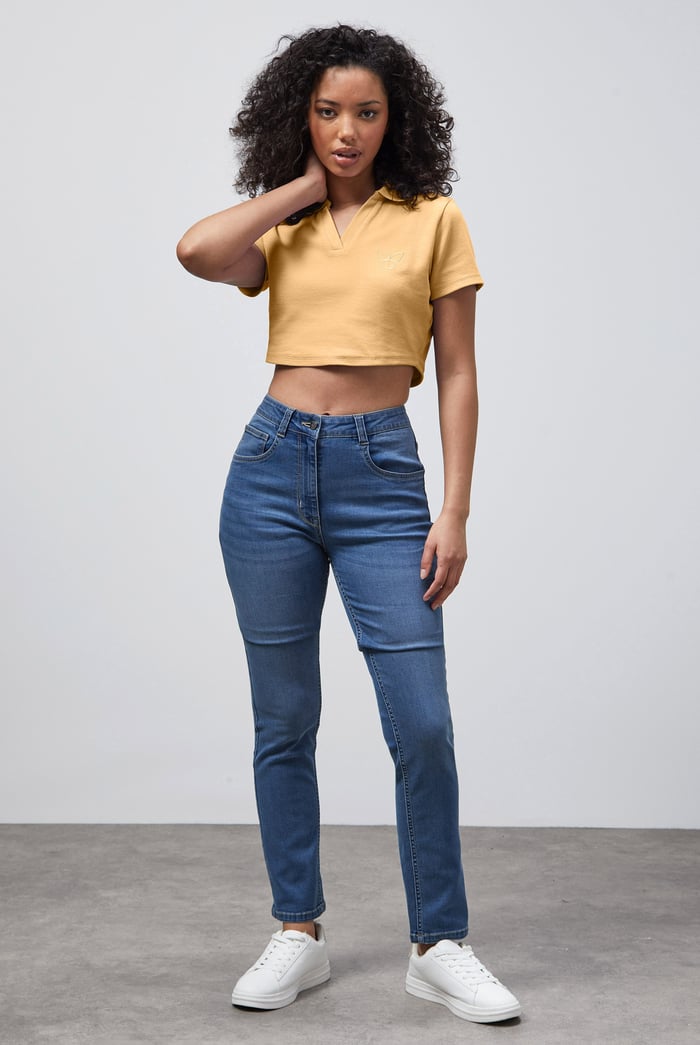 Waffle V-Neck Cropped Polo