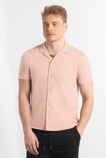 Mens Pink Revere Collar Short Sleeve Jersey Shirt