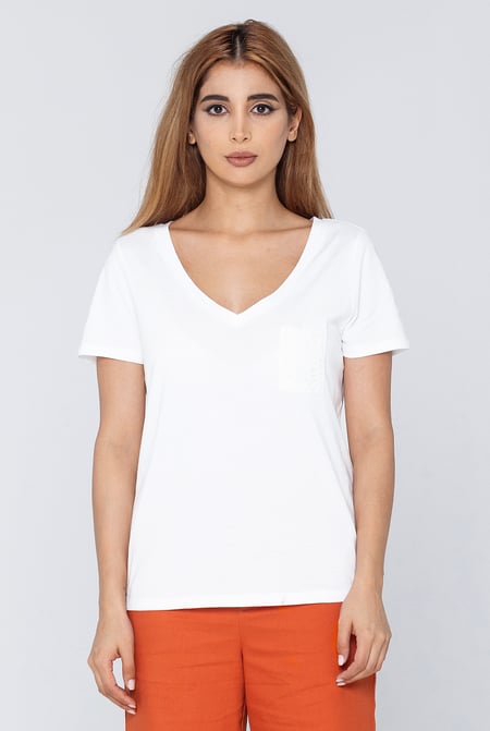 White Lace Pocket V-Neck Tee