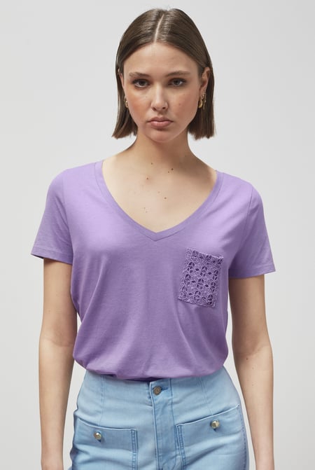 Purple Lace Pocket V-Neck Tee