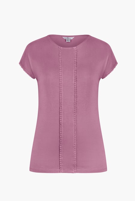 Pink Boat Neck Front Lace Trim Tops