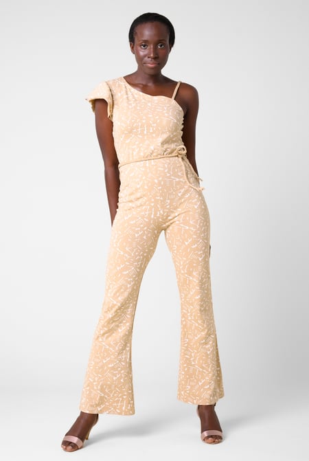 Cream One-Shoulder Jumpsuit with Ruffle Sleeve Detail