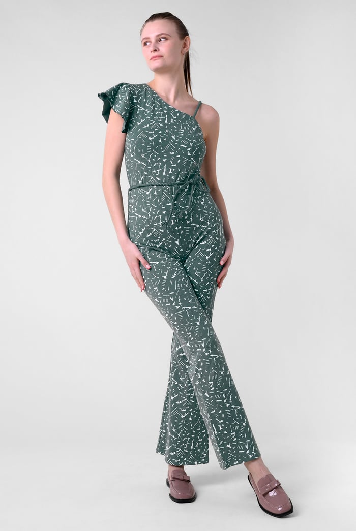 One-Shoulder Jumpsuit with Ruffle Sleeve Detail