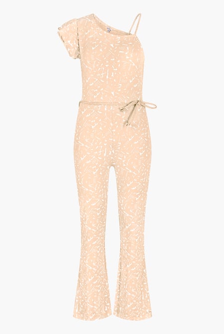Cream One-Shoulder Jumpsuit with Ruffle Sleeve Detail