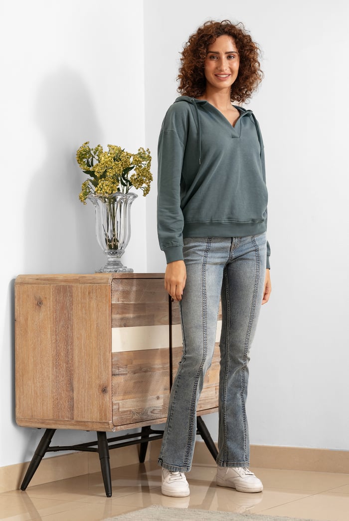 Womens V-Neck Drop Shoulder Hoodie