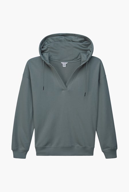 Womens Green V-Neck Drop Shoulder Hoodie