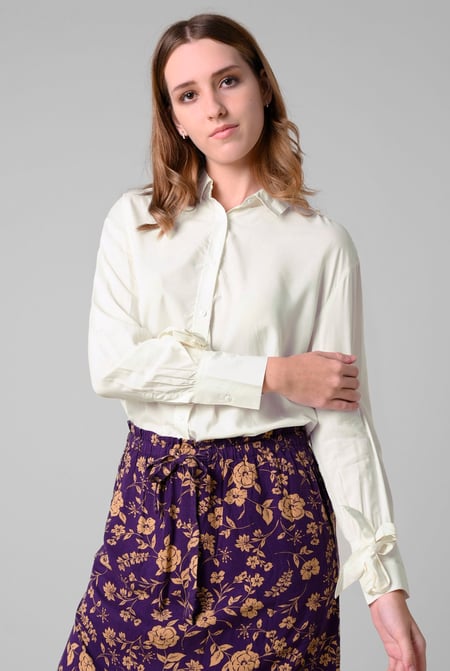 White Tie-Cuff LS Viscose Shirt