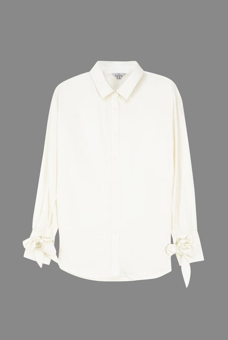 White Tie-Cuff LS Viscose Shirt
