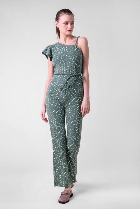 Green One-Shoulder Jumpsuit with Ruffle Sleeve Detail