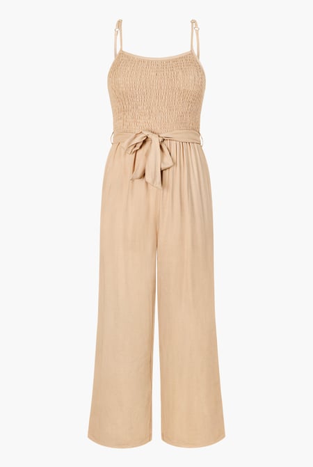 Cream Belted Solid Jumpsuit with a Shirred Silhouette