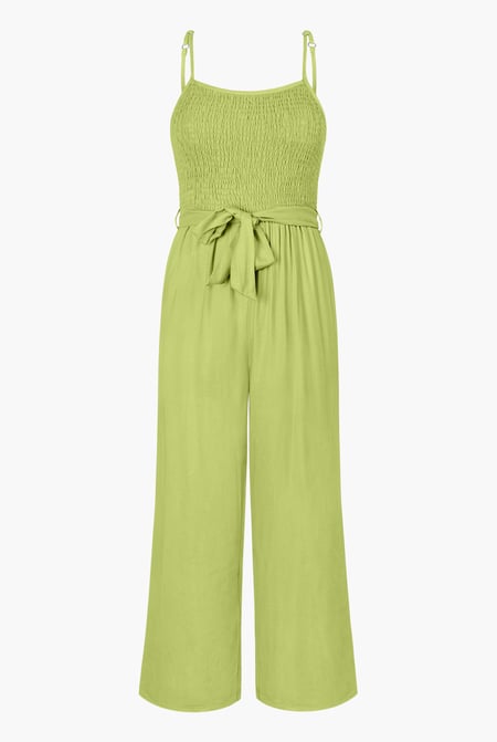 Cream Belted Solid Jumpsuit with a Shirred Silhouette