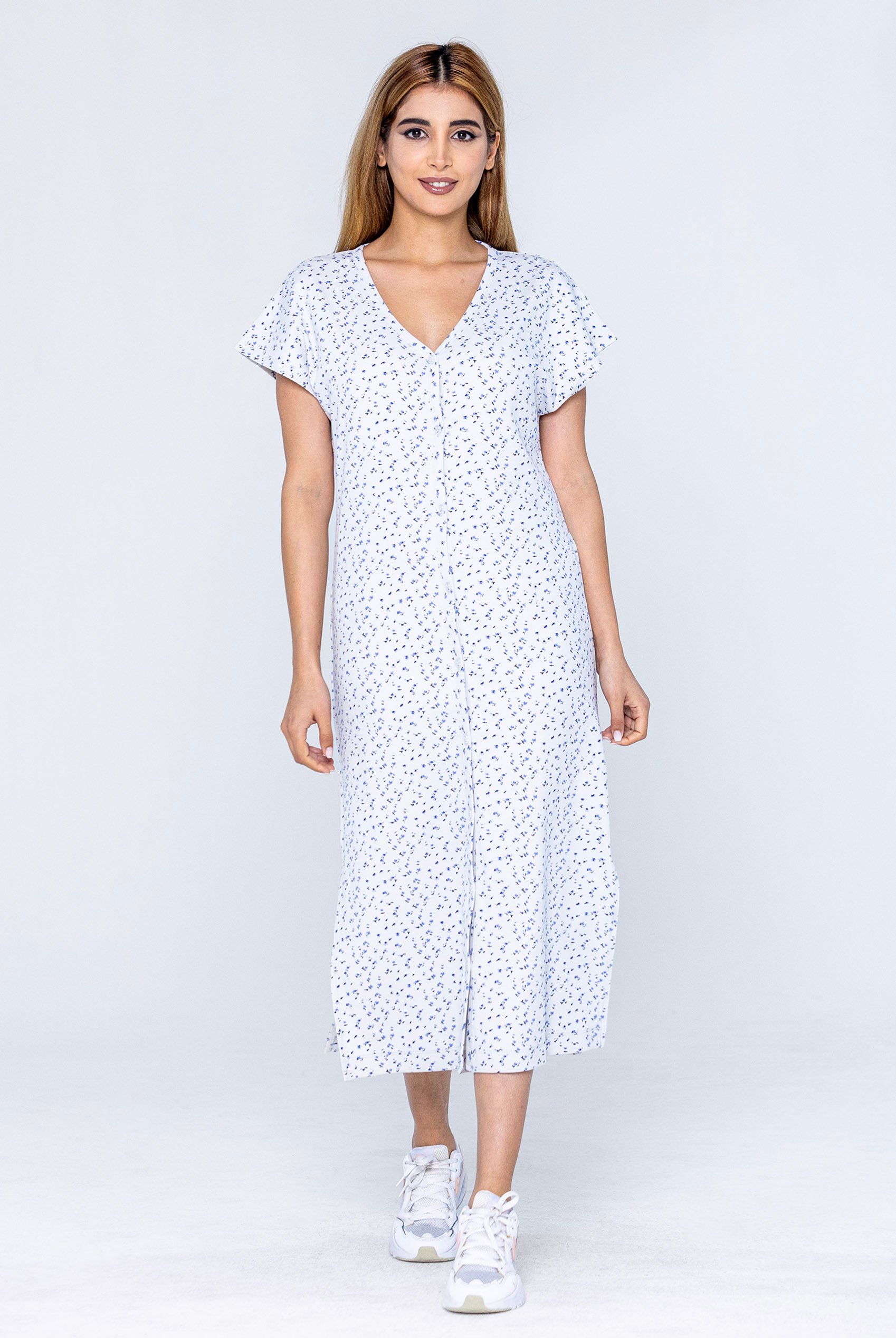 Button Front Printed Ribbed Midi dress