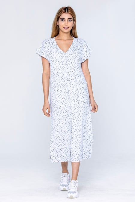 White Button Front Printed Ribbed Midi dress