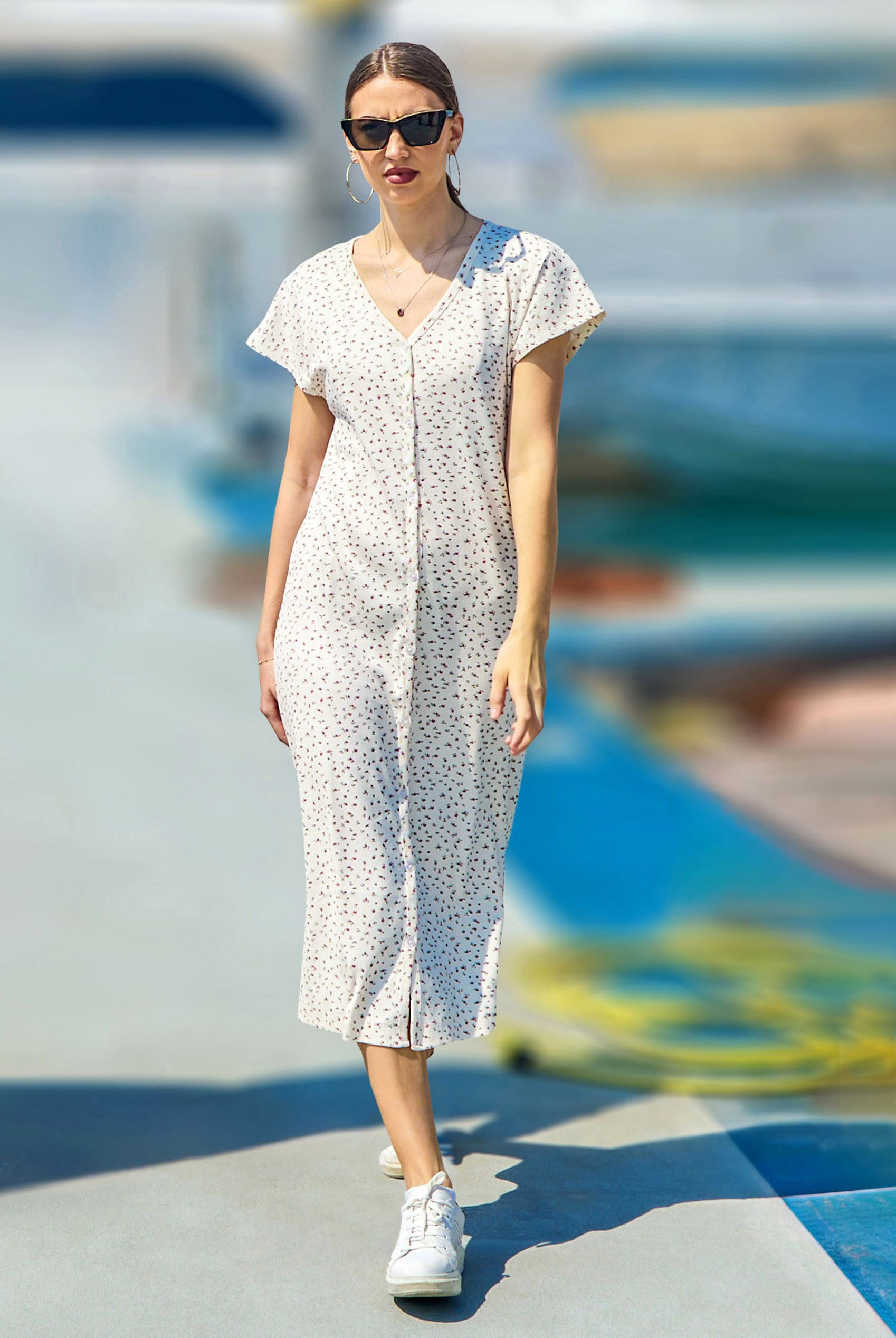 Button Front Printed Ribbed Midi dress