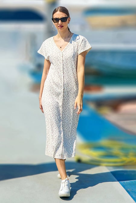 White Button Front Printed Ribbed Midi dress