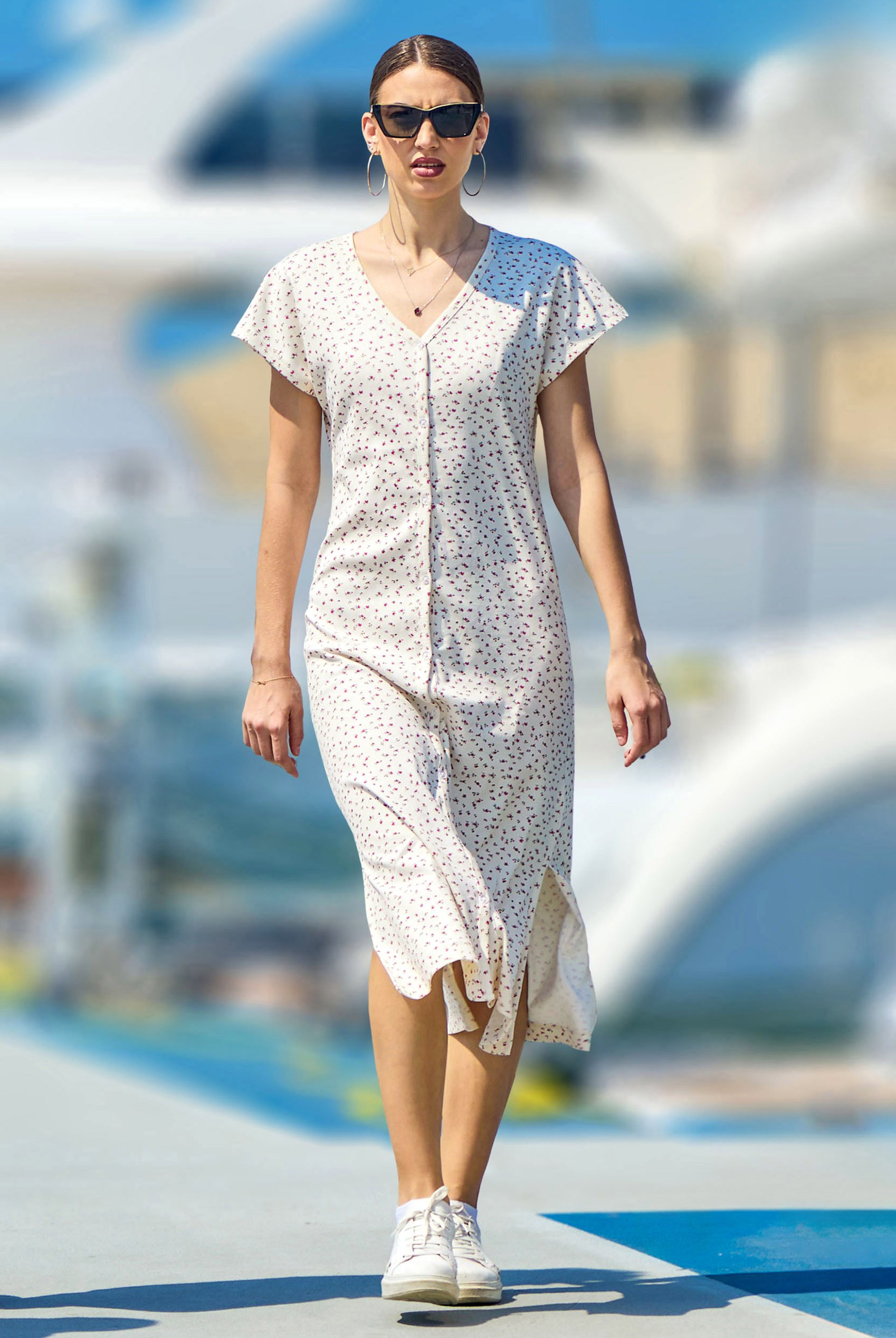 Button Front Printed Ribbed Midi dress