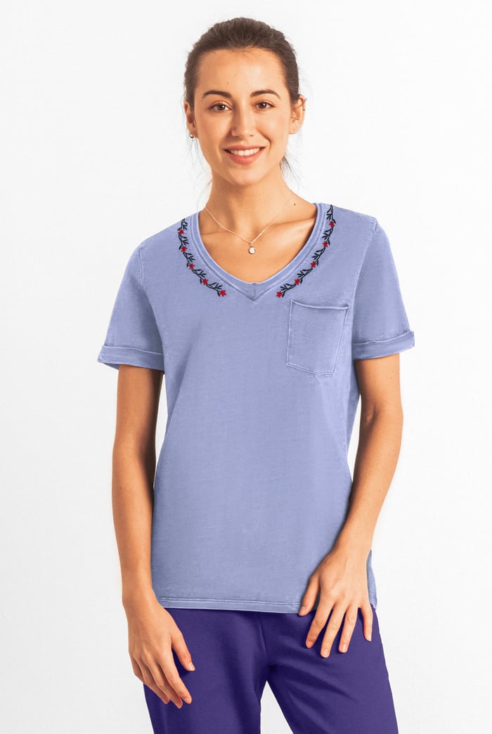 Indigo Washed Embroidered V-Neck T-shirt