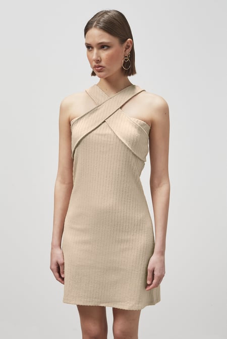 Cream Cross Front Halter Neck dress