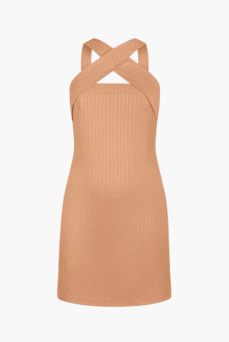 Cream Cross Front Halter Neck dress