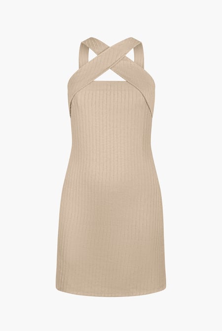 Cream Cross Front Halter Neck dress