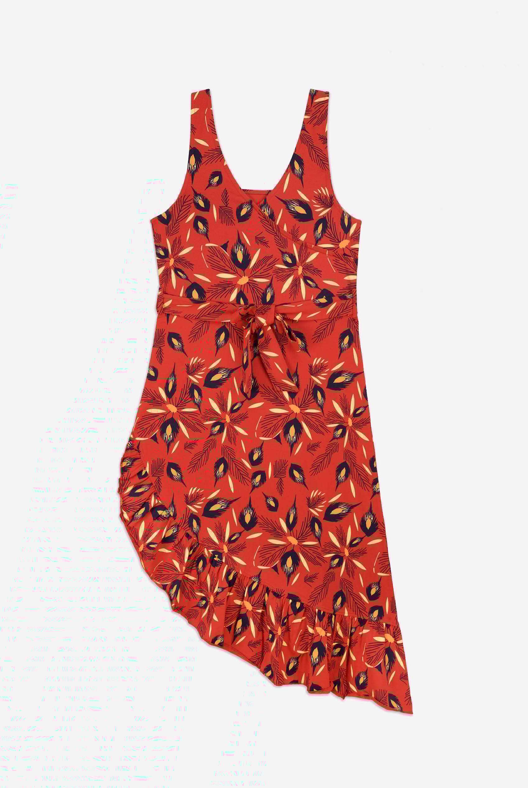 Square-Neck Ruffle Wrap Botanical Print Dress