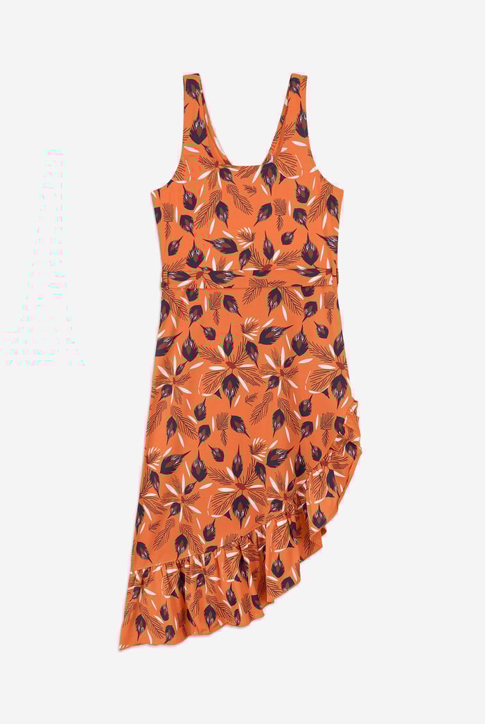Square-Neck Ruffle Wrap Botanical Print Dress