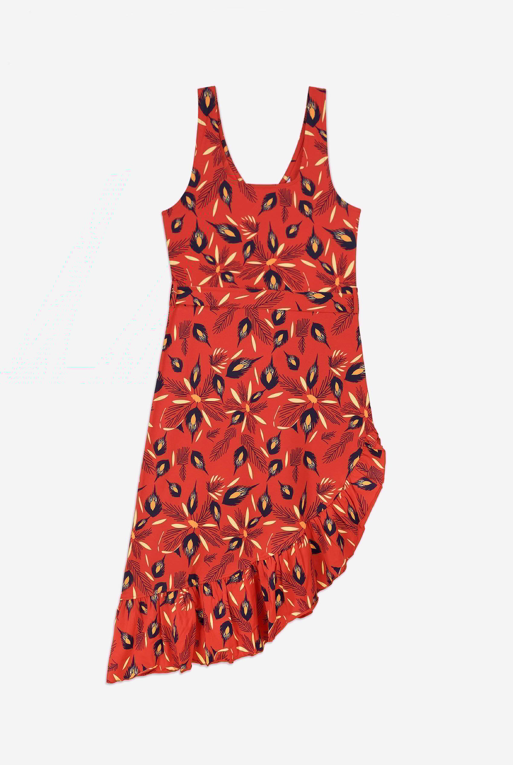 Square-Neck Ruffle Wrap Botanical Print Dress
