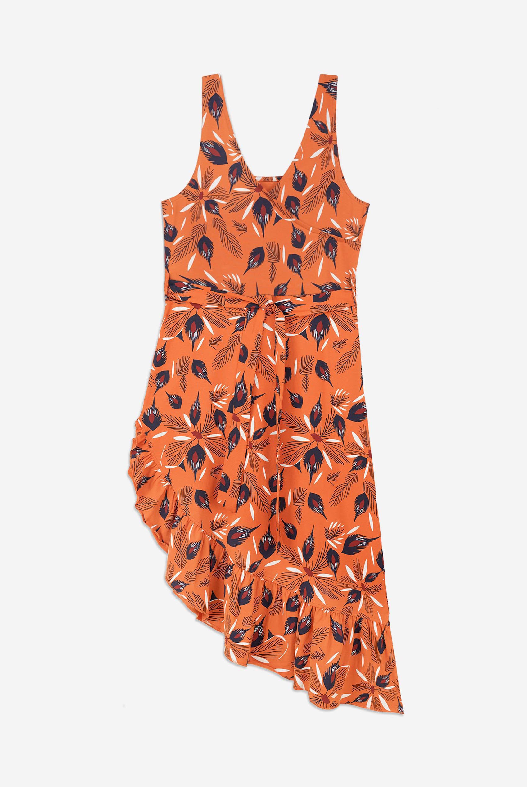 Square-Neck Ruffle Wrap Botanical Print Dress