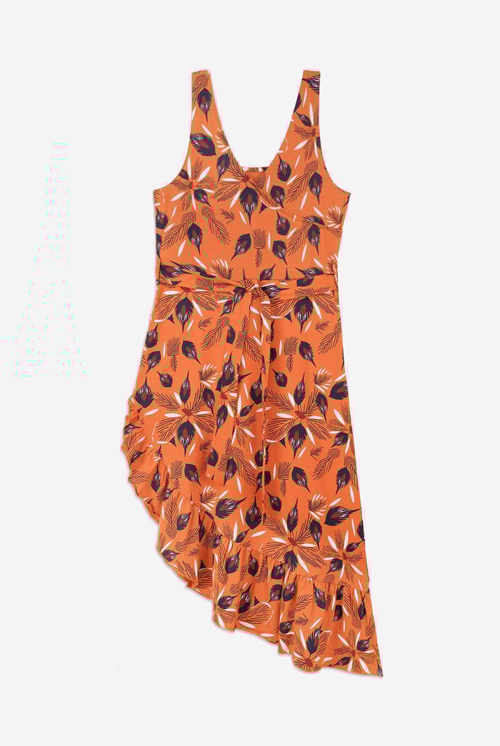 Square-Neck Ruffle Wrap Botanical Print Dress