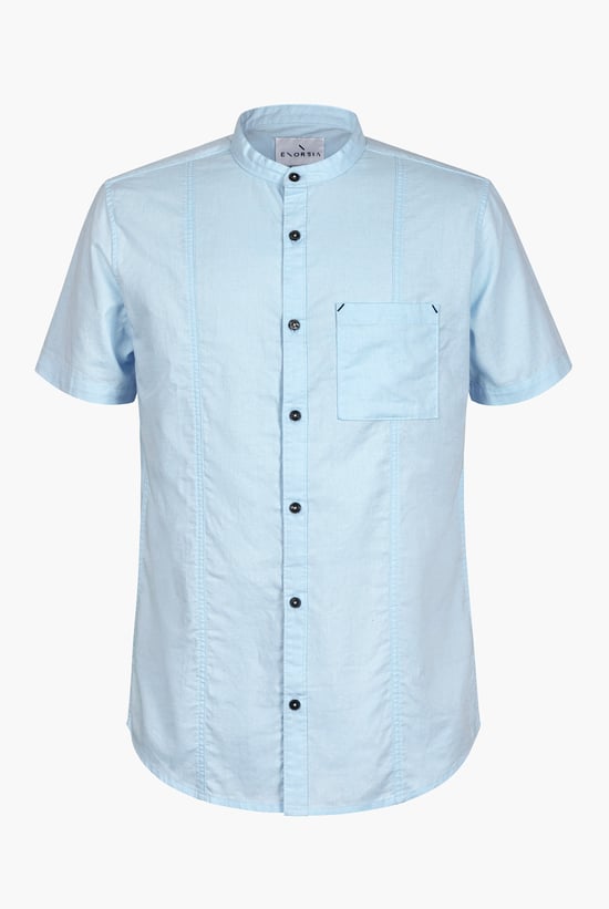 Regular Fit Cotton Linen Grandad Collar S/S  Shirt