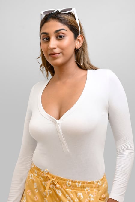 Womens White Wide V-neck Casual T-Shirt