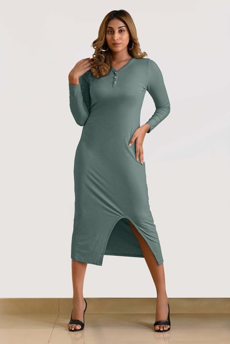 Womens Cream Front Slit Ribbed Midi Dress