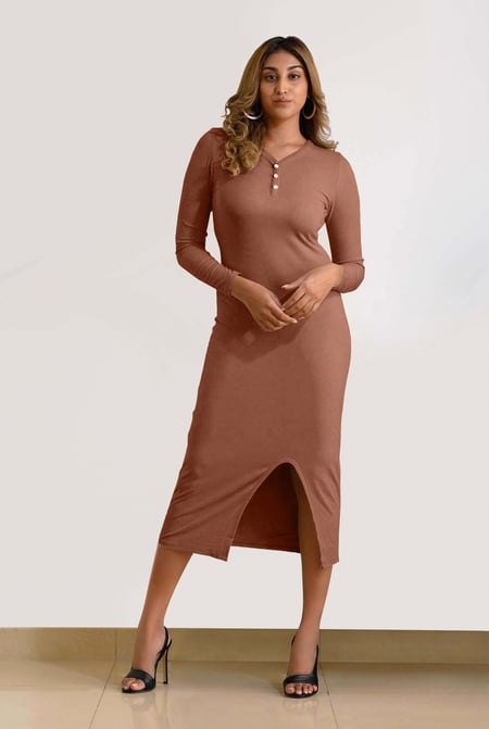 Womens Cream Front Slit Ribbed Midi Dress