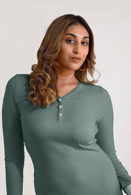 Womens Green Front Slit Ribbed Midi Dress
