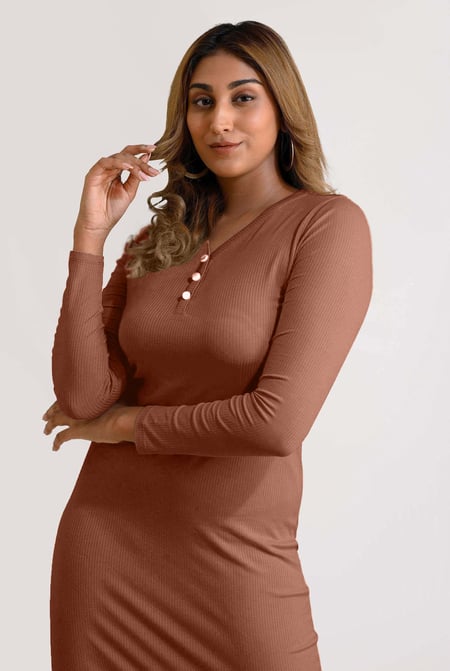 Womens Brown Front Slit Ribbed Midi Dress