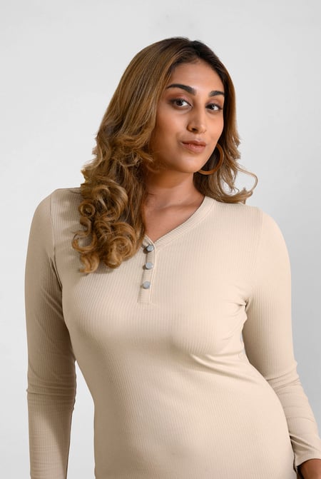 Womens Cream Front Slit Ribbed Midi Dress