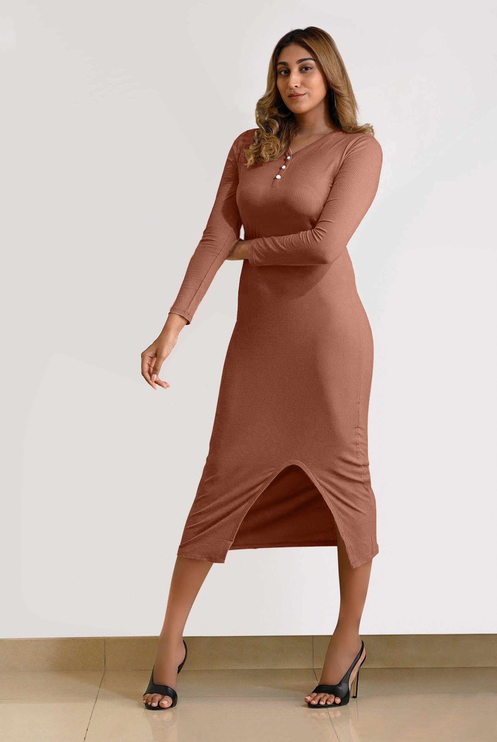 Womens Front Slit Ribbed Midi Dress