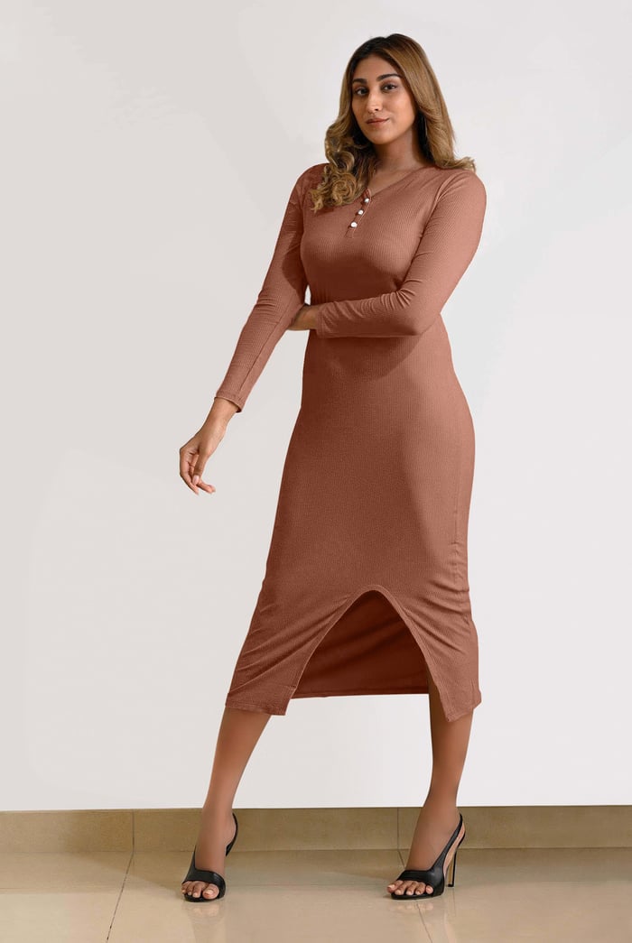 Womens Front Slit Ribbed Midi Dress