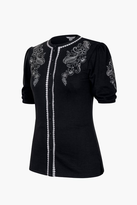 Black Lace Trimmed Puff Sleeve Tops