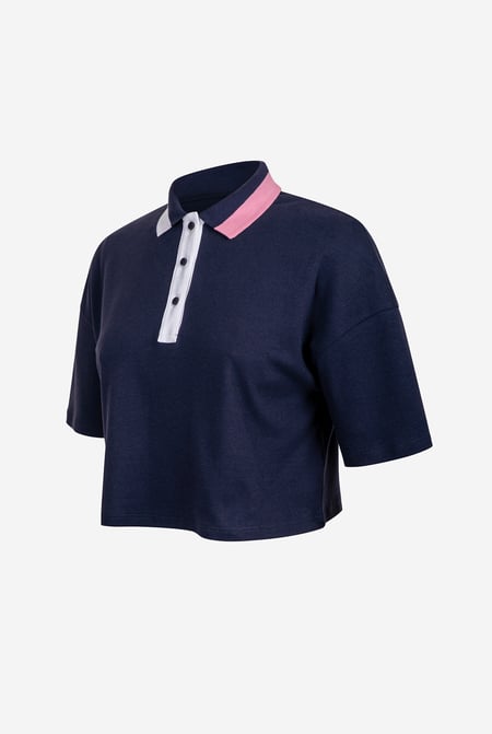 Navy Twin Tipped Collar Cropped Polo Shirt