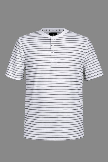 Cream Loose Fit Stripe Print Henley T-shirt