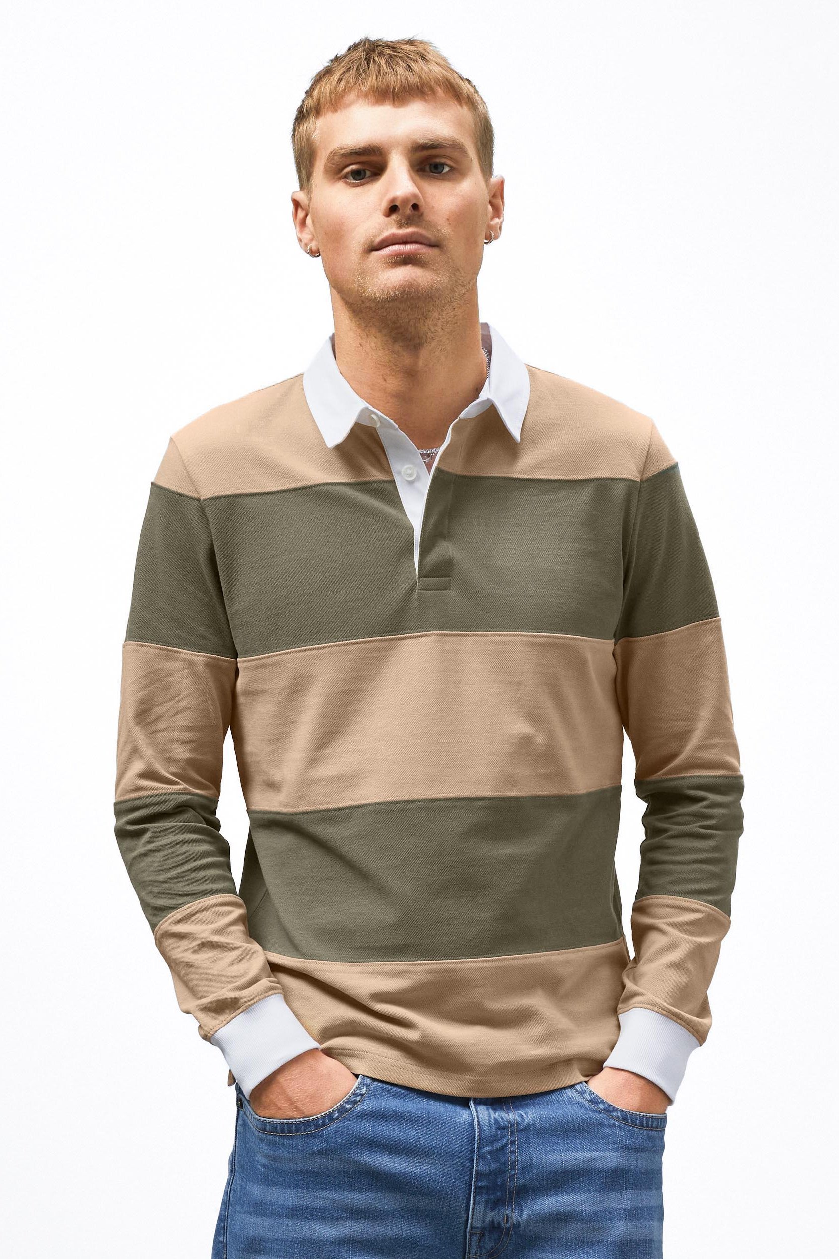 Colour Block Woven Collar L/S Polo Shirt