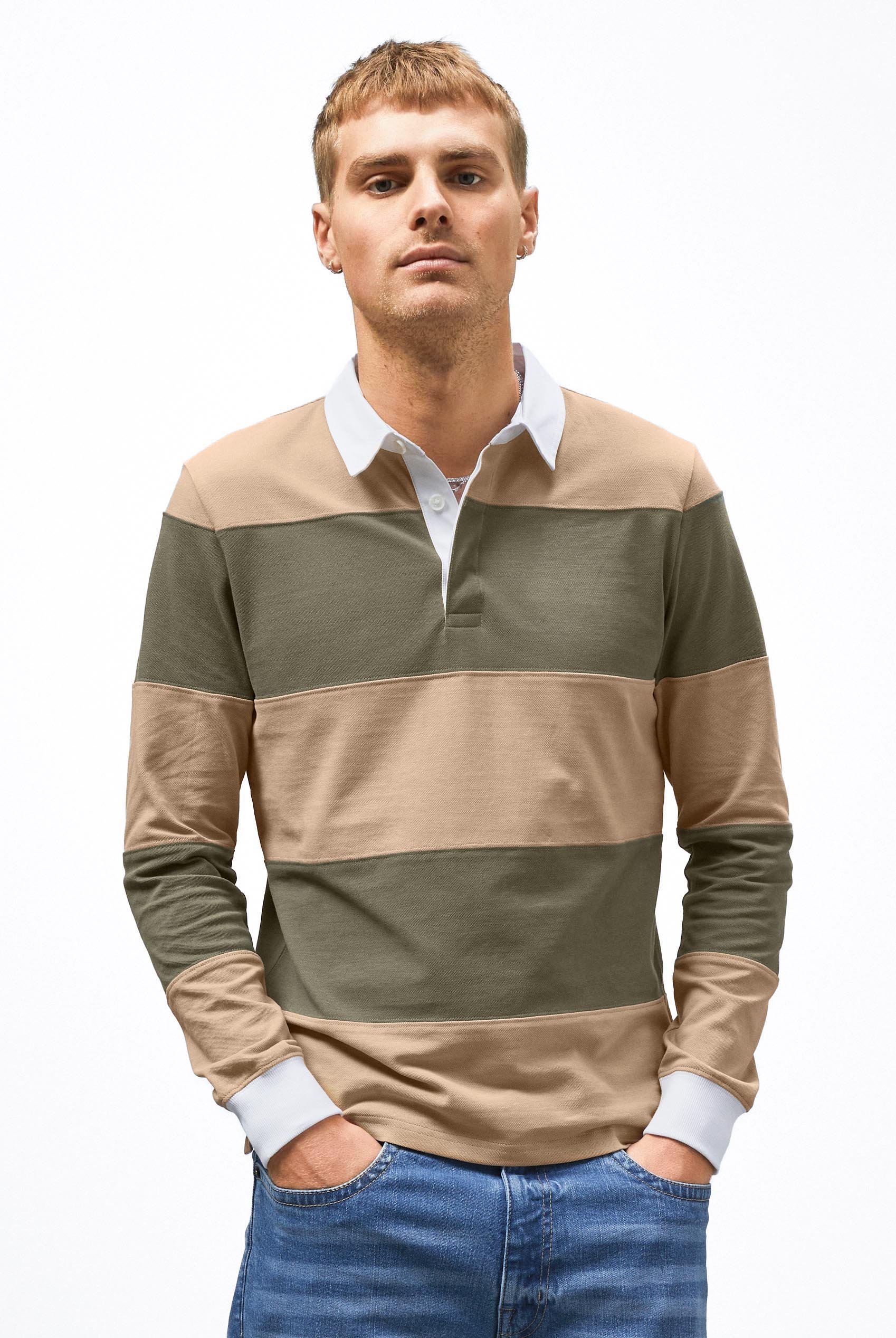 Colour Block Woven Collar L/S Polo Shirt