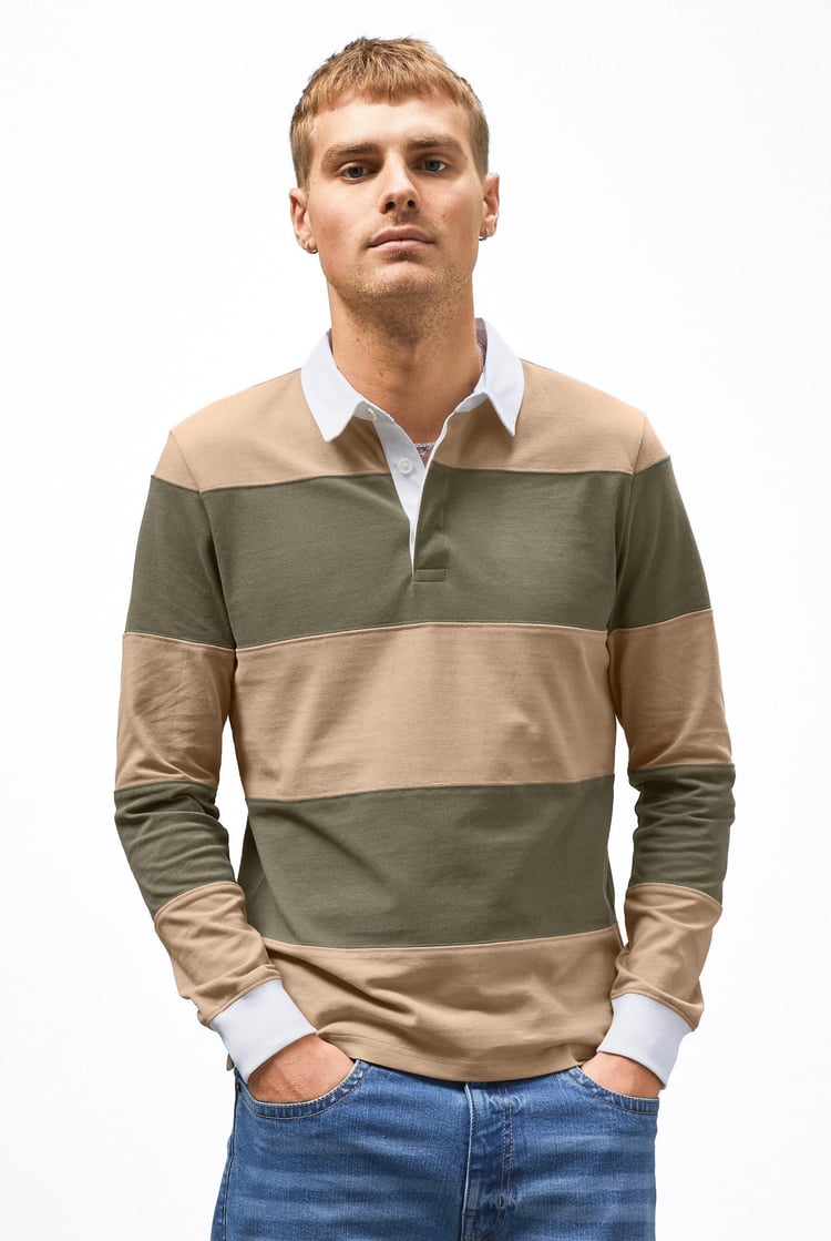 Colour Block Woven Collar L/S Polo Shirt