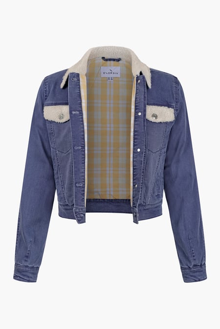 Mid Blue Borg Collar Cropped Denim Jacket