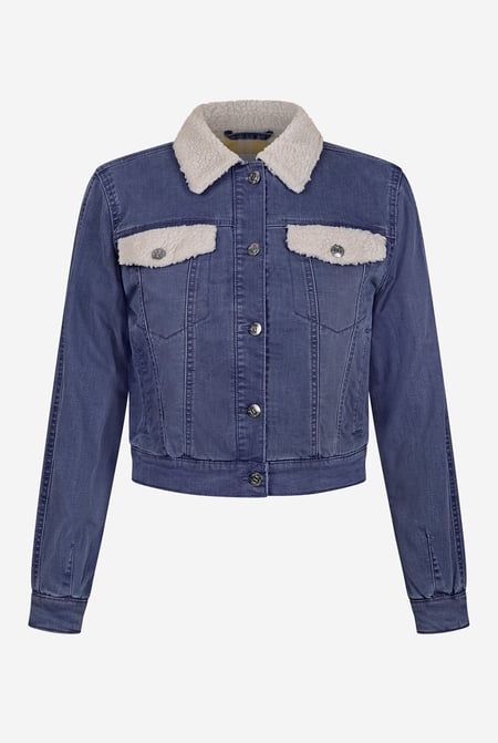 Mid Blue Borg Collar Cropped Denim Jacket
