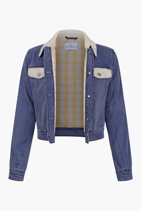 Borg Collar Cropped Denim Jacket