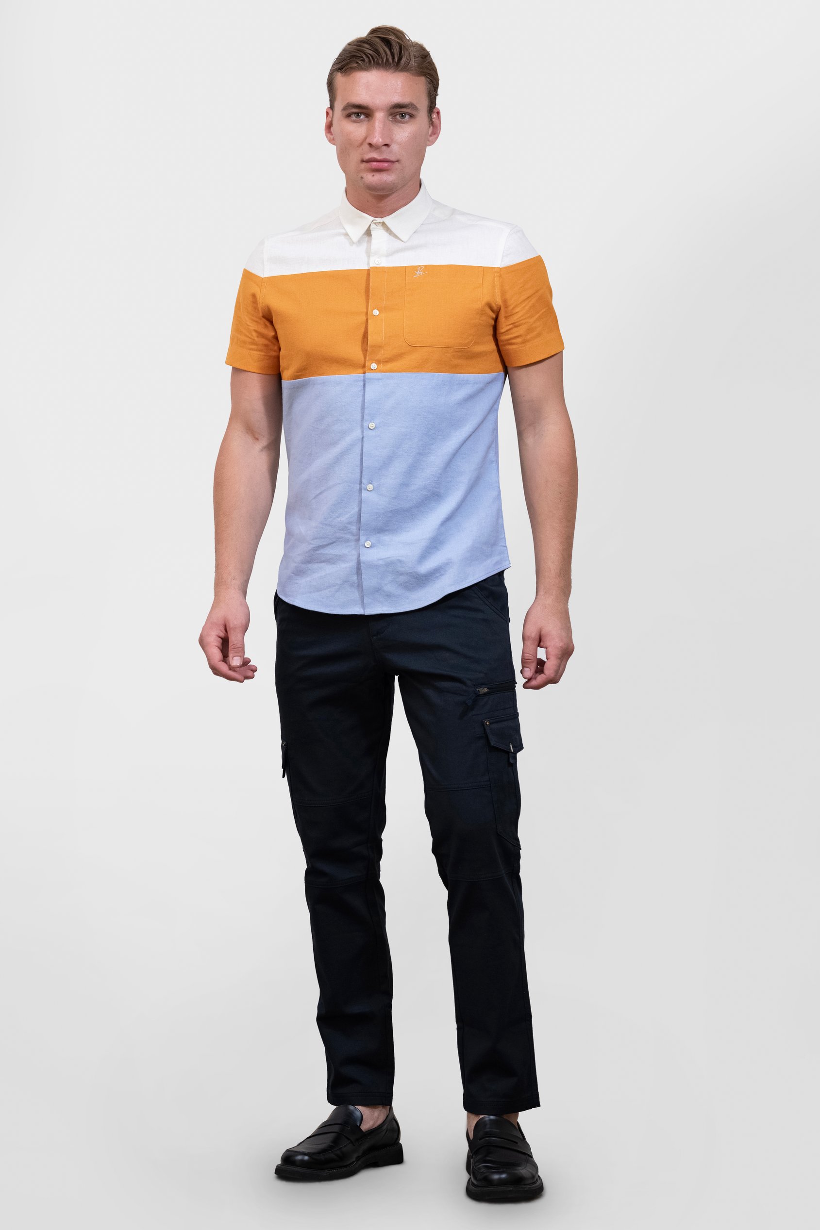 White/Orange/Blue Linen Blend Colour Block Shirt
