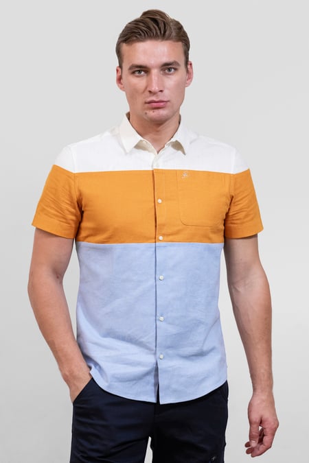 Multicoloured White/Orange/Blue Linen Blend Colour Block Shirt